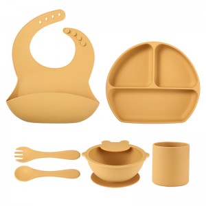 Ensemble d\'alimentation pour bébés en silicone, bol à plaque sévèrement divisé, bavoir en silicone, coupe de boisson, cuillère